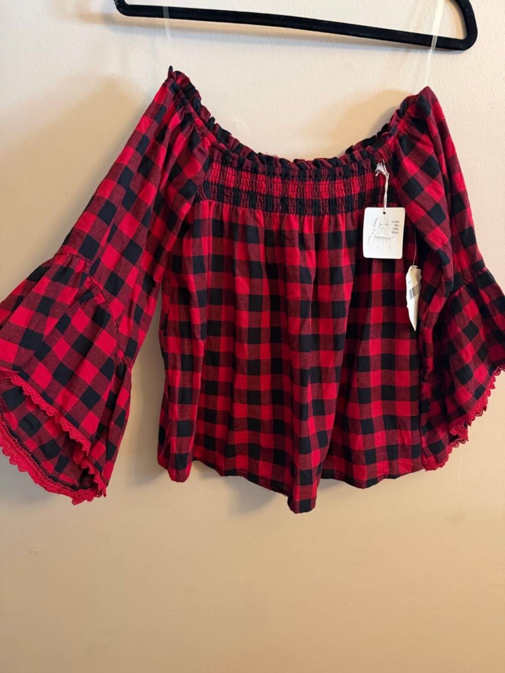 Altar'd State Red and Black Buffalo Plaid Off-Shoulder Bell Sleeve Top